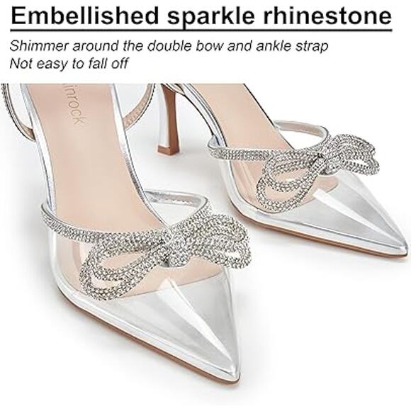 Ainrock Womens Size 8.5 SIlver Rhinestone Clear Strap Bow Wedding 3.5" Heels - Picture 3 of 6